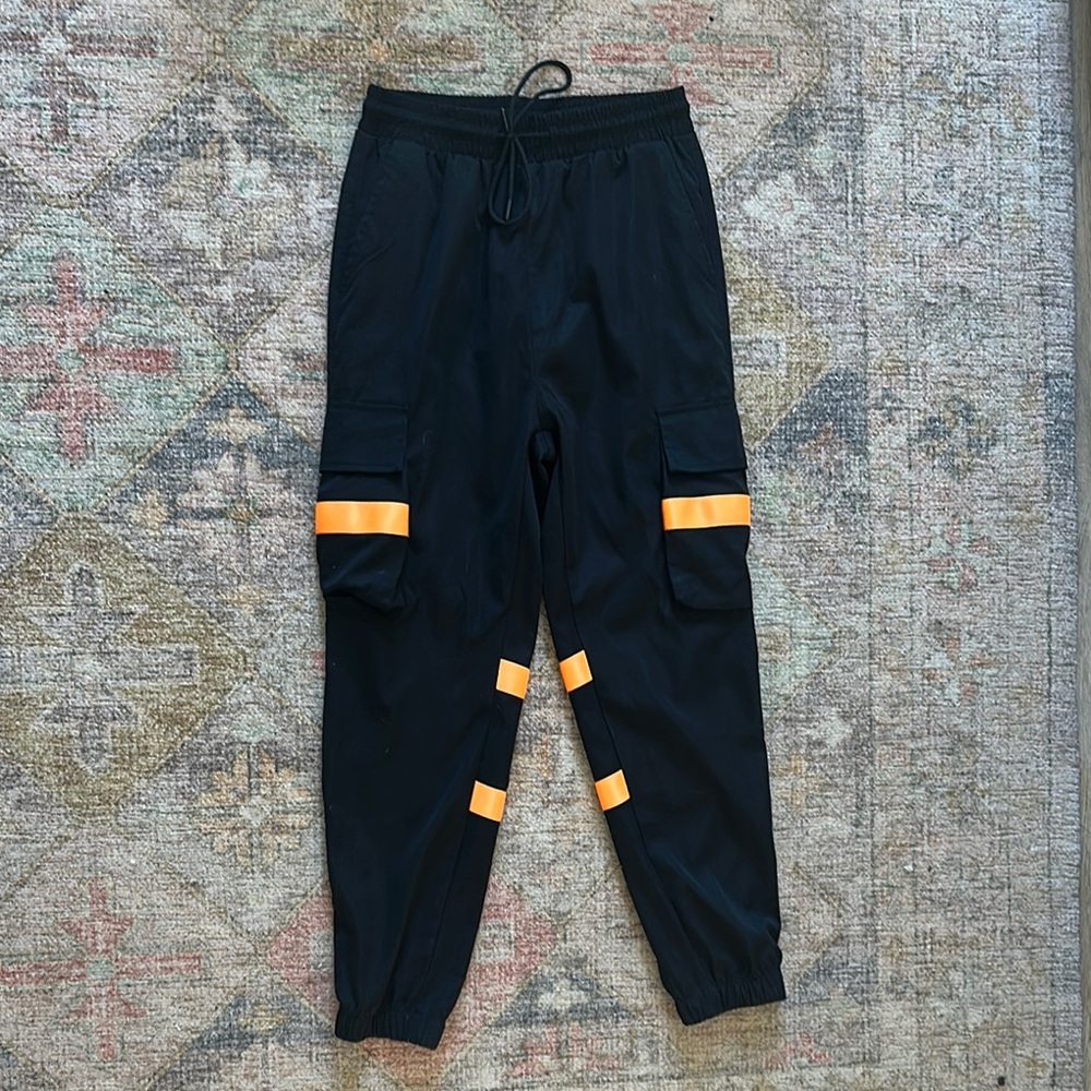 Black and Orange Cargo Pants with Tapered Legs